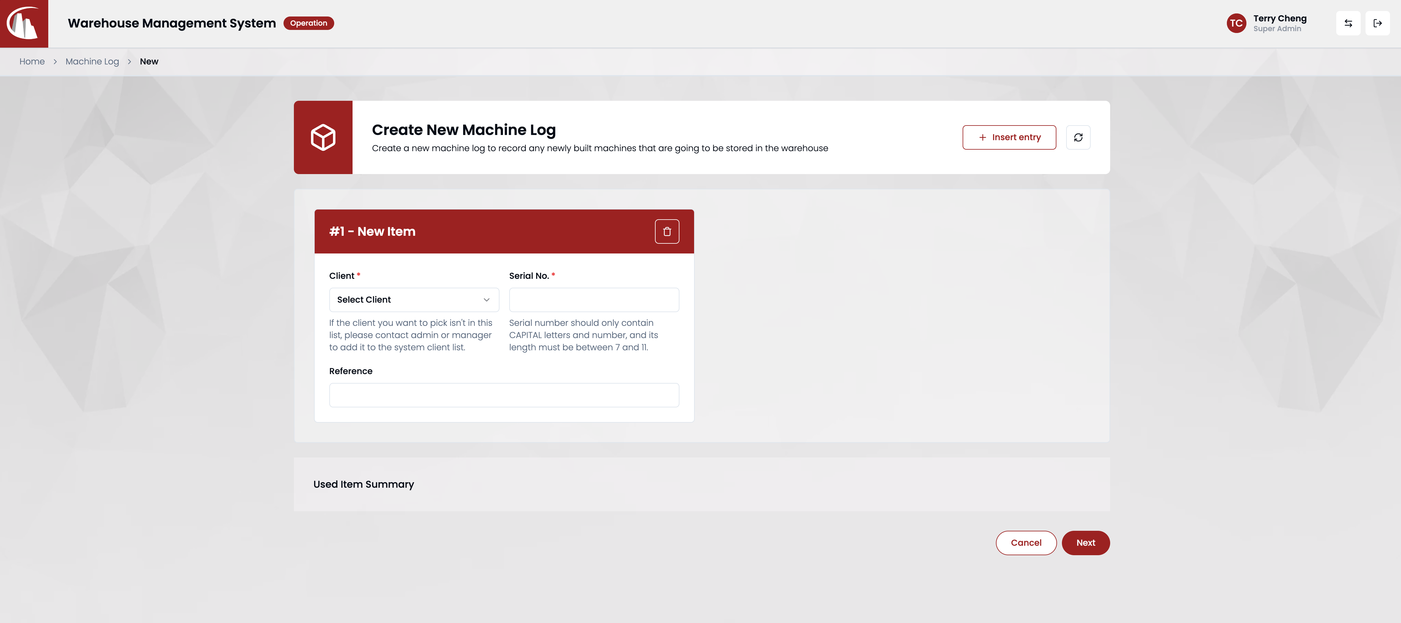 Create machine log form