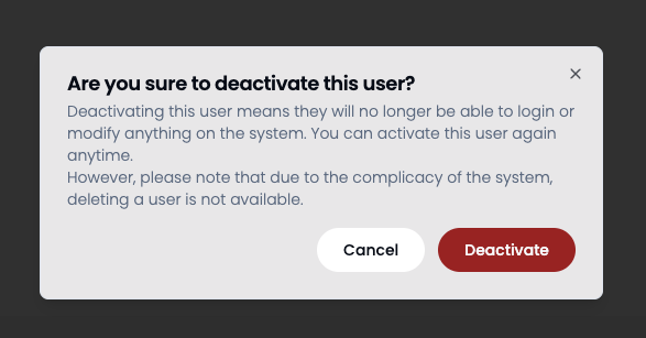 Deactivate user modal