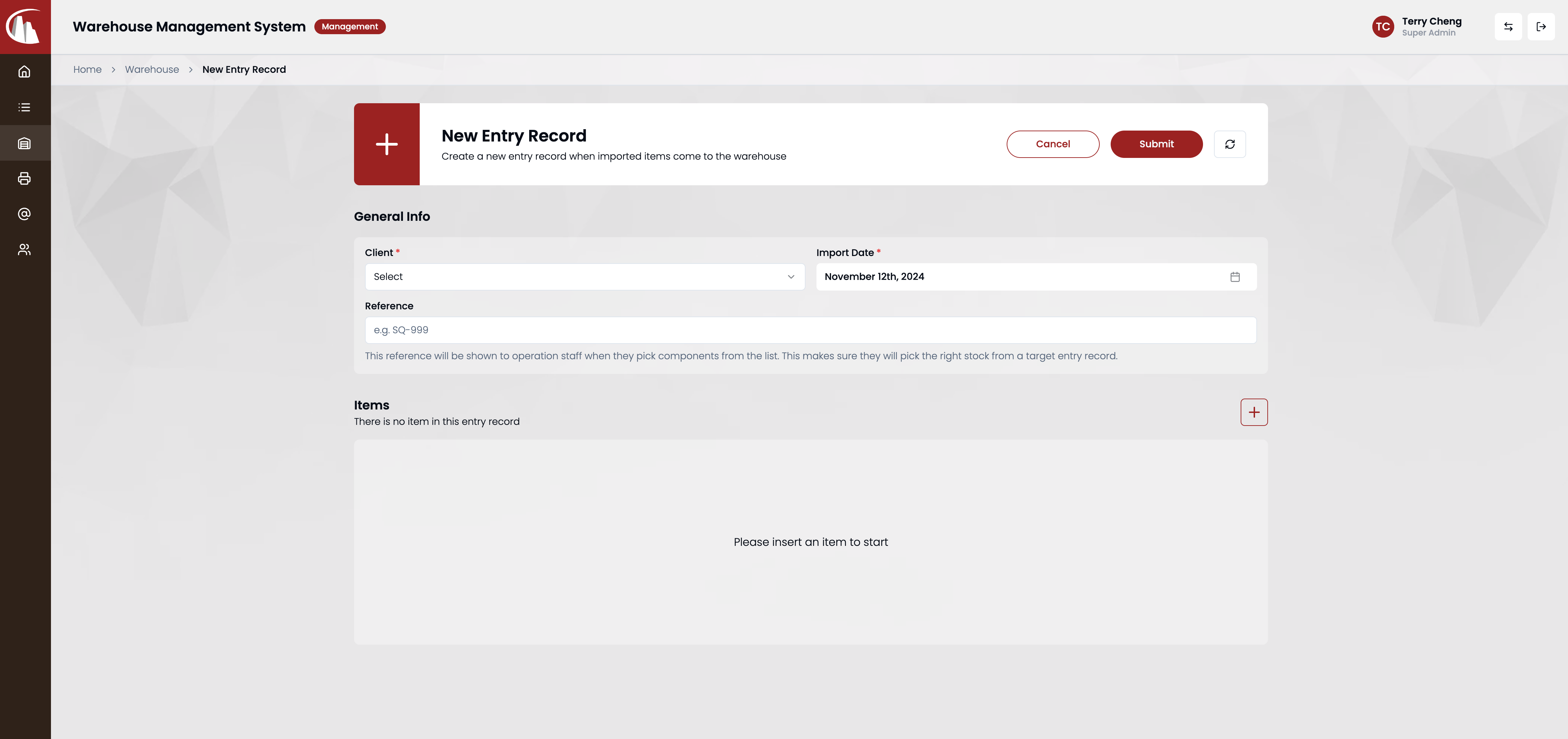 New entry record form