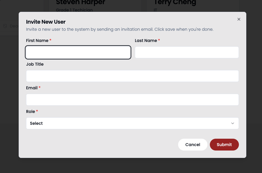 Invite new user form