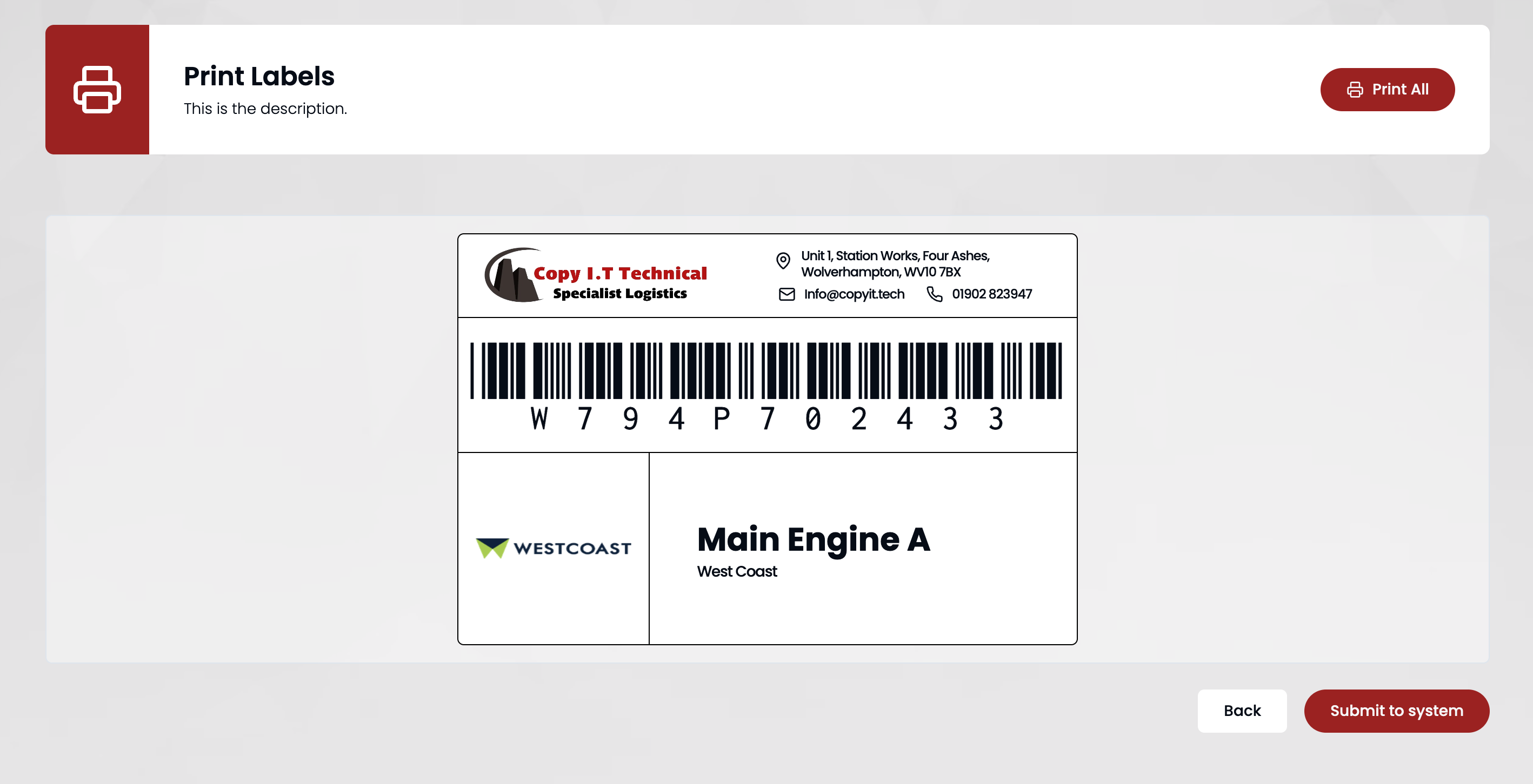 Print label screen