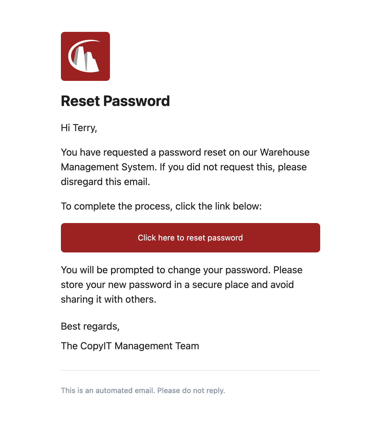 Reset password email