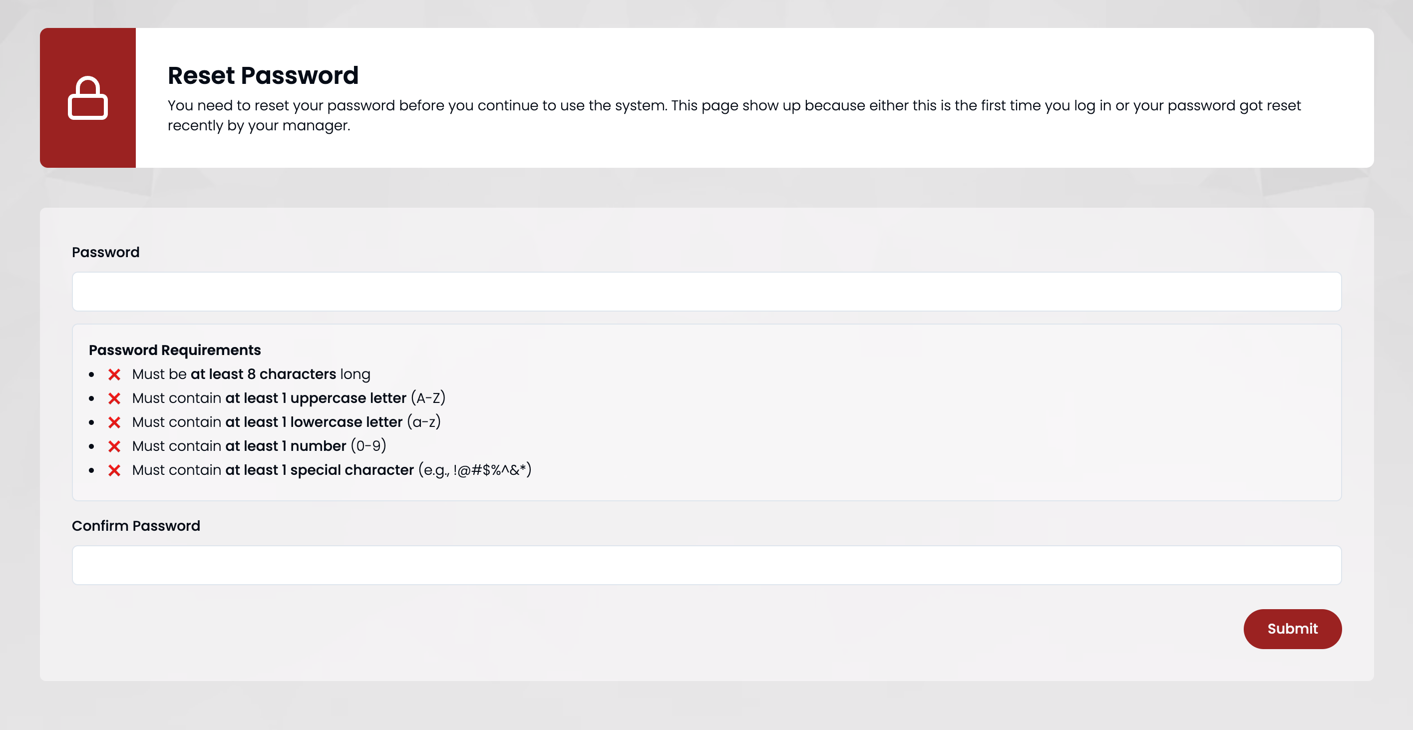 Reset password form